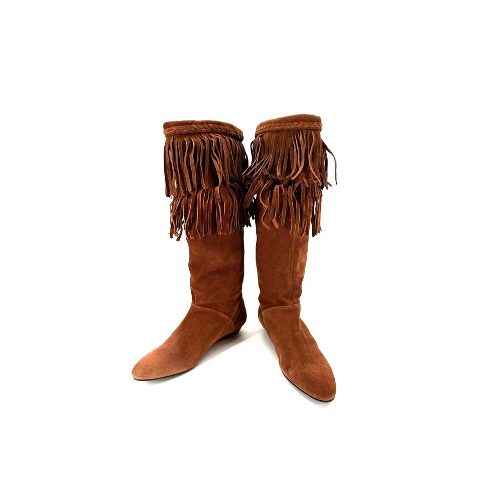 Moccasin Slouch Boots Gianni Bini Achilles Genuine Suede Leather Fringe Size 10